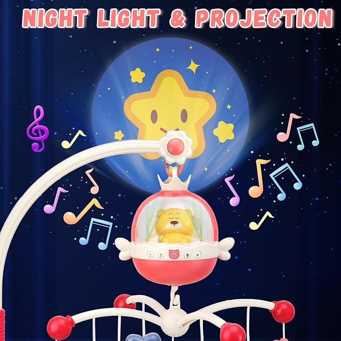 Baby Crib Mobile with Night Lights and Music,Hanging Mobile for Crib Bassinet with Rotation, Projection,Remote Control,Babies Crib Toys for Nursery Newborn Infant Boys Girls (Pink)