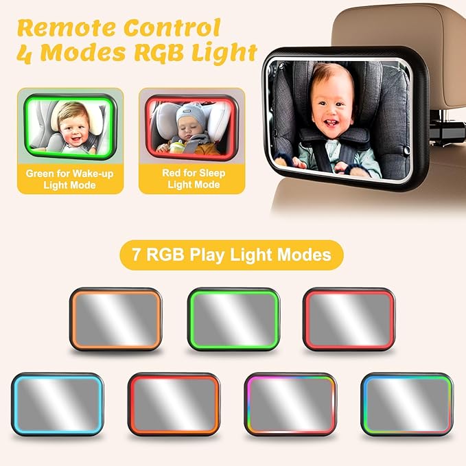 Baby Car Mirror with Light, 7 RGB Light Rear Facing Baby Car Seat Mirror with Remote Control Rechargeable 360° Rotation Hook Clip Design Wide View Shatterproof