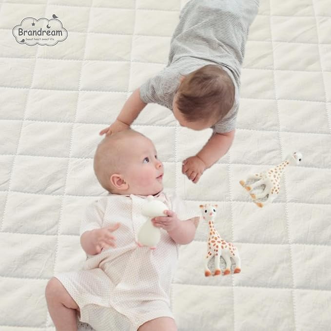 Brandream White Crib Bedding Set 3 Pieces Baby Nursery Collection - Quilt,Crib Sheet,Dust Ruffle-100% Washed Cotton Like Linen Supersoft Classic Quilted Plaid Off White Cream