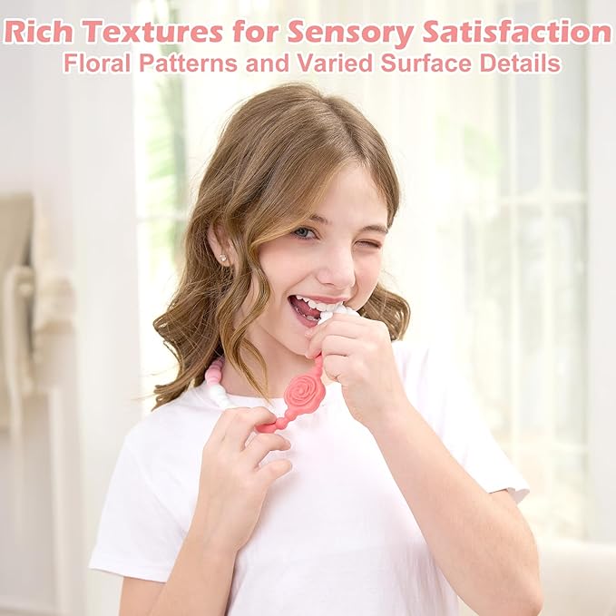 Chew Necklaces for Sensory Kids Adults, Flower Chewy Necklace Sensory Toys for Autism Nail Biting Anxiety, Fidget Necklace Oral Chew Toys, ADHD Tools for Boys Girls