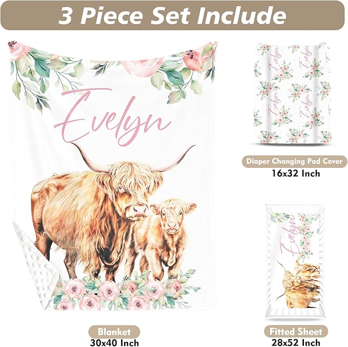 Custom Name Crib Bedding Set - Highland Cow Design, Personalized Floral Nursery Bedding 3-Piece Set– Soft Blanket, Fitted Sheet, Changing Pad Cover – for Newborns Girls Nursery Gifts