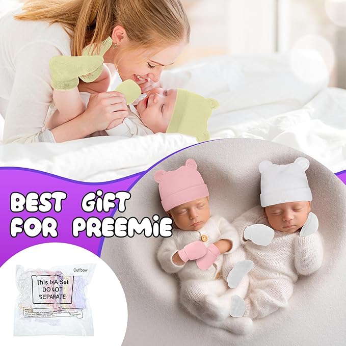 Cuffbow 4 Pcs Preemie Hats Mittens and Socks Set Preemie Mittens Warm Terry Socks for Baby