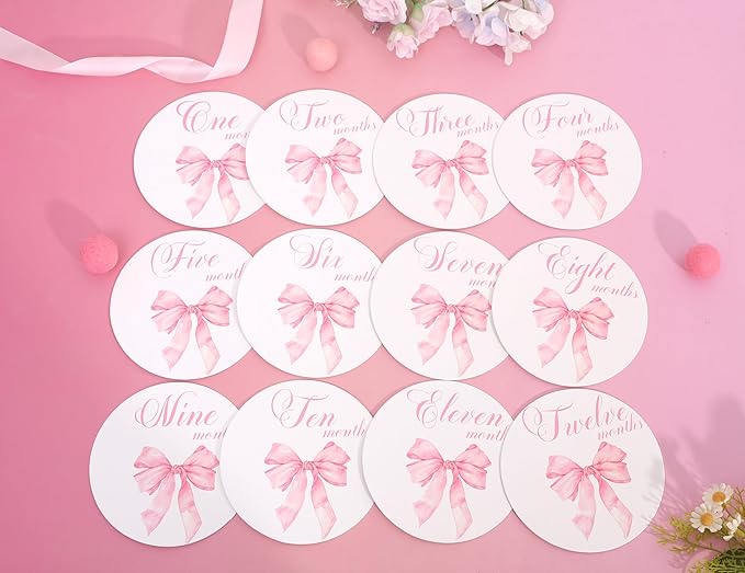 Bow Baby Monthly Milestone Markers - Baby Monthly Milestone Discs Photos,Coquette Bow Month Photo Signs,Baby’S First Year Newborn Signs for Girl (Pink)