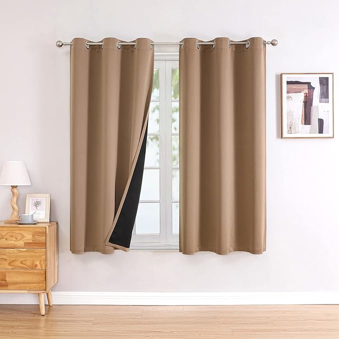ChrisDowa 100% Blackout Curtains for Bedroom with Black Liner, 2 Thick Layers Total Blackout Thermal Insulated Grommet Small Window Curtains 2 Panels Set (Cappuccino, 42 x 45 Inch)
