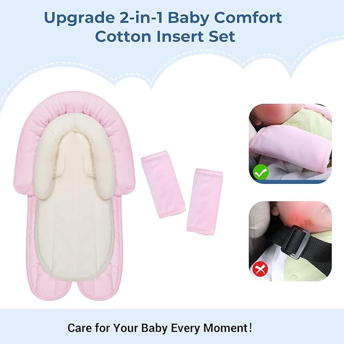 COOLBEBE New Babybody Support & Strap Covers Set for Newborn Infant Toddler- Extra Soft Stroller Cushion Pads Car Seat Insert, Perfect for Carseats, Strollers, Swings, Pink