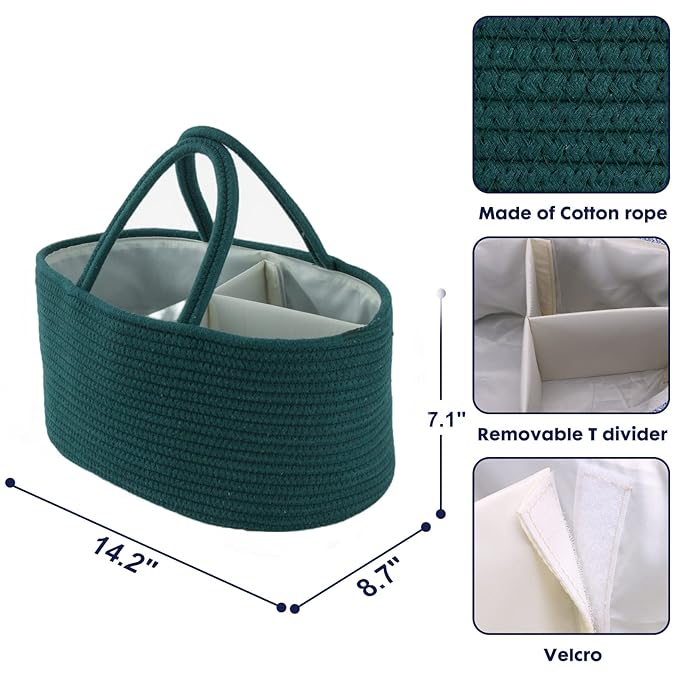 Baby Diaper Caddy Organizer for Girl Boy Rope Nursery Storage Bin Basket Portable Holder Tote Bag for Changing Table Car Travel Baby Shower Gifts Newborn Essentials Registry Must Have Items Dark Green