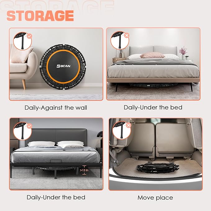 BCAN 40"/48" Mini Rebounder Trampoline for Adults with Bar, 450/550LBS Fitness Trampoline with Bungees, Adjustable Handle, Stable & Quiet, Indoor Outdoor, Whole-Body Workout & Relaxation at Home