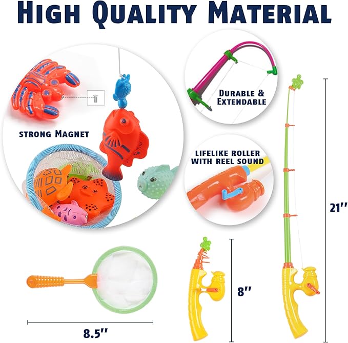 CozyBomB™ Kids Fishing Bath Toys Game | Magnetic Floating Toy Magnet Pole Rod Net, Plastic Floating Fish Toddler Pool Education Teaching and Learning Colors Birthday Age 3 4 5 6 Year
