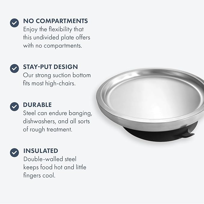 Avanchy Open Baby Plates with Suction – Stainless Steel Divided Plates for Toddlers, BPA-Free, Dishwasher Safe, Unbreakable, Non-Toxic, 100% Silicone Suction – Gray