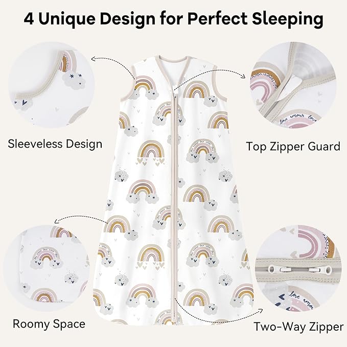 Baby Sleep Sack 6-12 Months 0.5 Tog Wearable Blanket Baby, 3 Pack 100% Cotton Lightweight Sleeping Sack with 2-Way Zipper for Newborn Infant Apricot White Sun Clouds