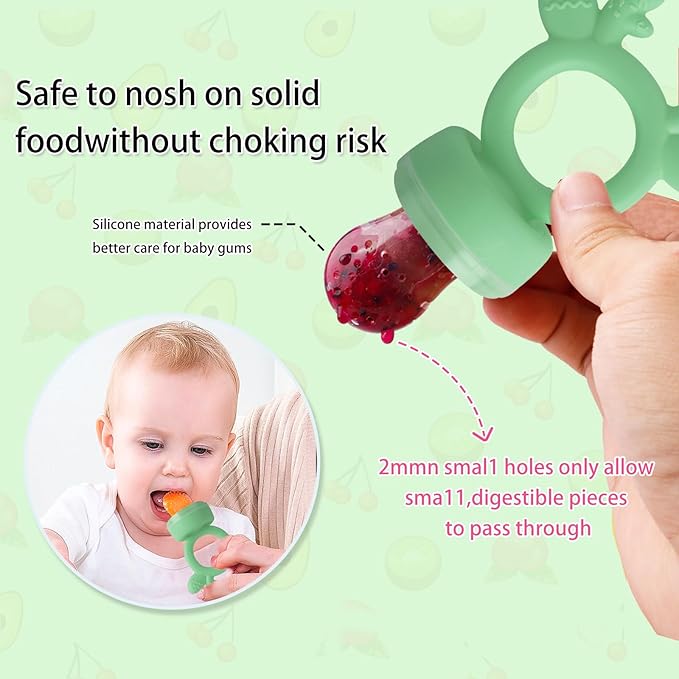 Baby Fruit Food Feeder - Silicone Nibble Tray Combo - Breastmilk Popsicle Mold for Cooling Relief, BPA Free Mesh Feeder for Infant Self Feeding (Deer Green + Pineapple)