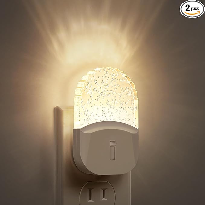 Bubble Night Light Plug in, LED Acrylic Night Light, 2 Pack, Decorative Dimmable Nightlight Dusk to Dawn Sensor, Soft 3000K Warm Nightlight for Bathroom, Hallway, Bedroom