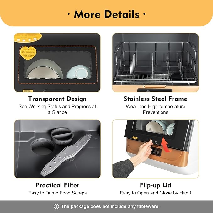 Compact Portable Dishwasher Countertop with Filter and Hybrid Drying Function, 360° Streak-Free Deep Cleaning, 3 Washing Programs, Mini Dishwasher for Apartments& RVs