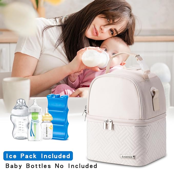 Breastmilk Cooler Bag with Ice Pack Fits 6 Baby Bottles up to 9 Ounce, Breast Milk Pump Cooler Bag with Shoulder Strap for Nursing Mom Daycare, Work, Travel- Cream