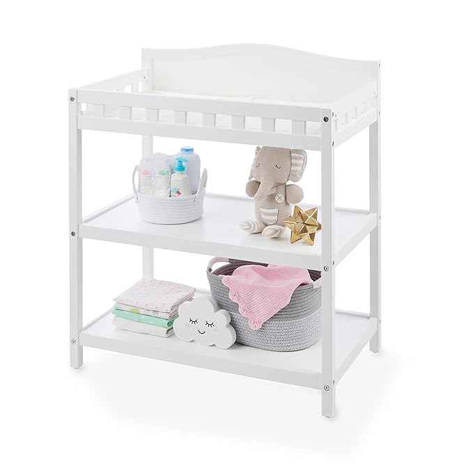 Badger Basket Baby Changing Table with Pad & Shelves - Wooden Changing Table with Storage - Nursery Change Table for Diapers & Baby Essentials, White