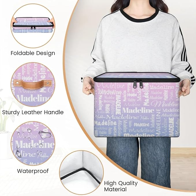 Custom Storage Basket with Name, Personalized Storage Bins with Zipper Lid, Foldable Fabric Storage Box Large capacity with Handle Pink Purple