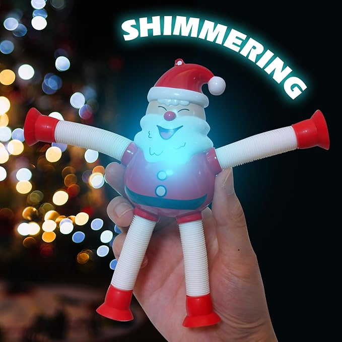 Christmas LED Pop Tubes Light Up 4 Pcs Sensory Fidget Toys, Telescopic Suction Cup Santa Toys Autism Christmas Party Favors Game Prizes Goody Bags Stocking Stuffers Treats for Kids 3+ (Christmas)