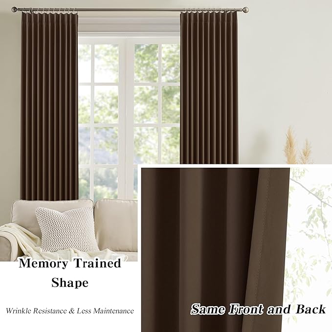 Chocolate Brown Espresso Pinch Pleated Blackout Curtains 102 Inches Long,Thermal Insulated Pinch Pleats Window Curtains Panels Drapery for Bedroom, Living Room,Office, 40" W x 102" L, Set of 2