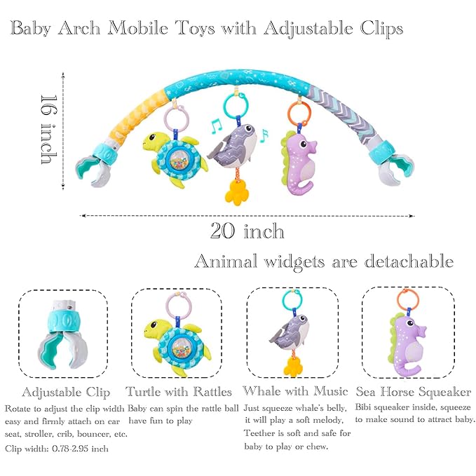 Baby Stroller Arch Toys, Crib Mobile for Infants Adjustable Bassinet Mobile with Universal Clamp, Activity Toy Bar for Bouncer Newborn CarSeat Stroller Toy Sense Toys for Baby 0 6 12 Months