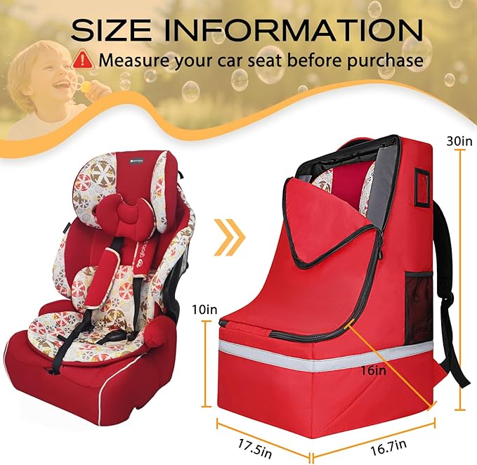 Car Seat Travel Bag for Airplane,Infant Seat Travel Bag with Shoulder Strap,Padded Car Seats Backpack with Reflective Stripes,Large Carseat Carrier Bag Travel Car Seat Cover, Red