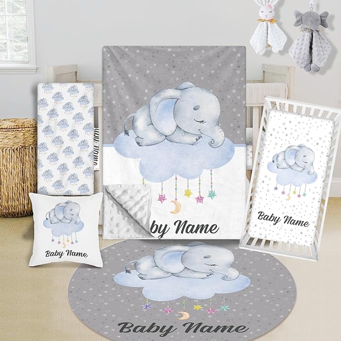 Custom Crib Bedding Set - Elephant Design Personalized Name Baby Nursery Bed 3 Pcs Set - Chic Soft Blanket with Dotted Backing, Sheet, Pillowcase for Newborn Girls Boys Gifts Color17