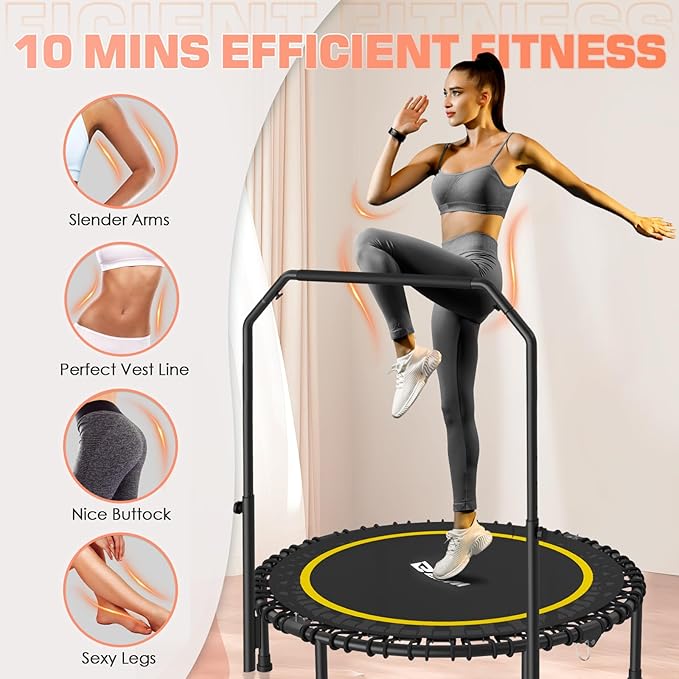BCAN 40"/48" Mini Rebounder Trampoline for Adults with Bar, 450/550LBS Fitness Trampoline with Bungees, Adjustable Handle, Stable & Quiet, Indoor Outdoor, Whole-Body Workout & Relaxation at Home