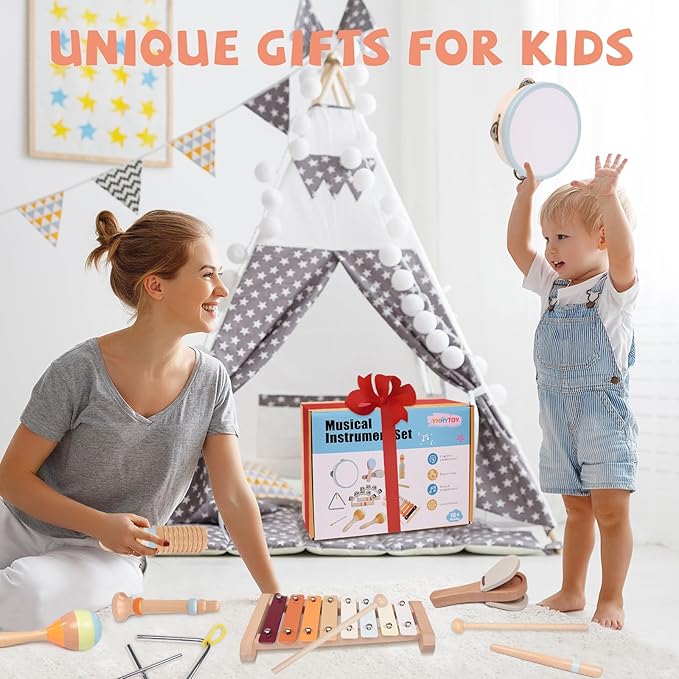 Baby Musical Instruments Set - Montessori Wooden 18 Month Old Baby Musical Toys, Toddler Percussion Instruments Xylophone Maracas Tambourine for Kids, 2 3 4 Year Old Baby Girls Boys Birthday Gifts