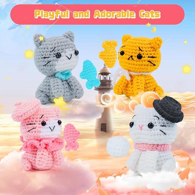Crochet Kit for Beginners - Cat Crochet Kit with Step-by-Step Video Tutorials, Learn to Crochet Kits for Adults and Kids, 4 PCS Crochet Animals Cat with Hat, Toy, Fish Crocheting Set