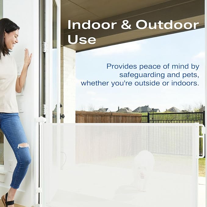 Cumbor 2-Pack Retractable Baby Gates for Stairs, 55" Wide Soft Mesh Pet Gate for Dogs with One Hand Opening, 34" Tall Toddler Gate with Top Lock for Bedroom, Doorways, Indoor/Outdoor, White