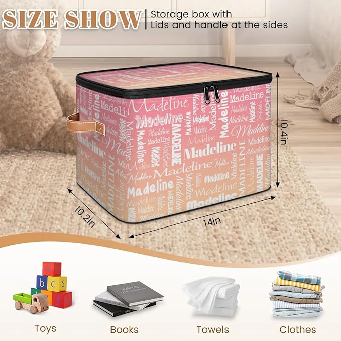 Custom Storage Basket with Name, Personalized Storage Bins with Zipper Lid, Foldable Fabric Storage Box Large capacity with Handle Pink Apricot