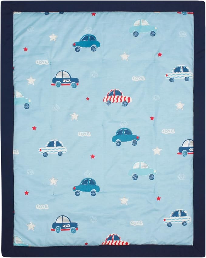 CaSaJa Baby 3-Piece Crib Bedding Set for Boys Girls, Including Soft Quilted Comforter(Blanket), Fitted Crib Sheet and Skirt, Soft Nursery Bedding Set Made of Silky Comfy Materials, Love Cars