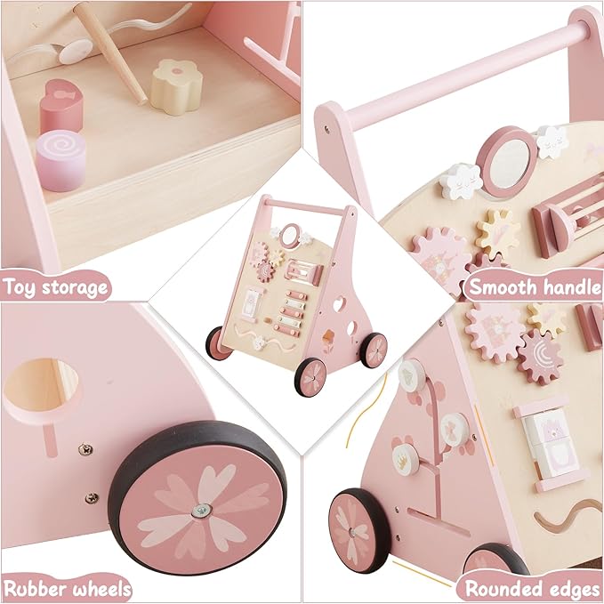 Beright Wooden Baby Walker Push and Pull Learning Activity Walker Kids’ Activity Toy Multiple Activities Center Develops Motor Skills & Stimulates Creativity(Pink)