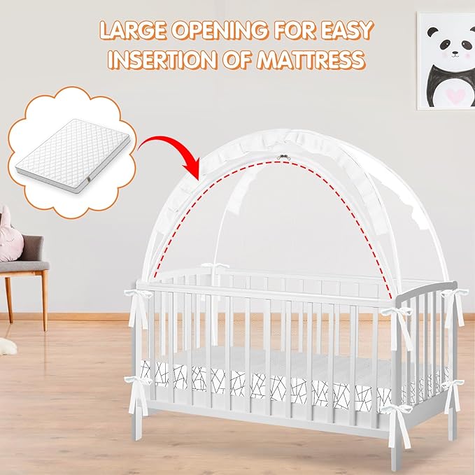 Crib Tent to Keep Baby from Climbing Out - Crib Net to Keep Baby in - Pop Up Breathable Cribs Cover - Canopy with Upgrade Strong Mesh and Durable Zipper (White - Lines, Lager)