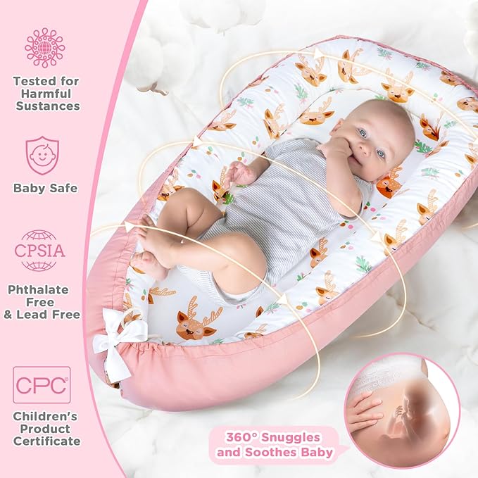 Baby Lounger - Baby Lounger for Newborn 0-24 Months, Breathable and Soft Cotton Cover Baby Nest, Portable Cozy Tummy Time Lounger for Home and Travel, Ideal Baby Essentials & Shower Gifts