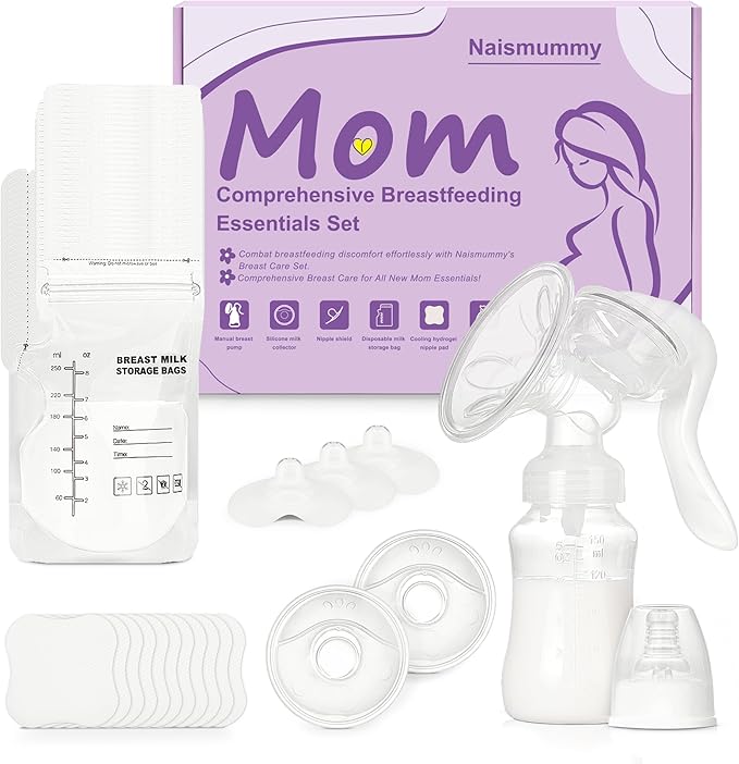 Breastfeeding Essentials Kit for Nursing Moms - Manual Breast Pump, Nipple Shields, Milk Collectors, Breastmilk Storage Bags, Soothing Gel Pads for Breastfeeding Newborn Relief for Sore Nipples 37 Pcs