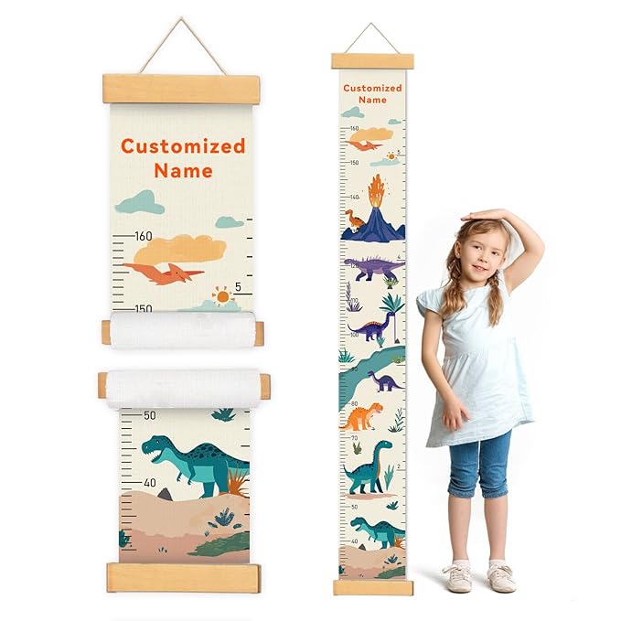 Customize Name Canvas Growth Chart for Kids, Dinosaur Unisex Kids Room Wall Decor, Measuring Height Chart, Wall Tape with Height Chart for Kids, Foldable Height Tracker, Lightweight