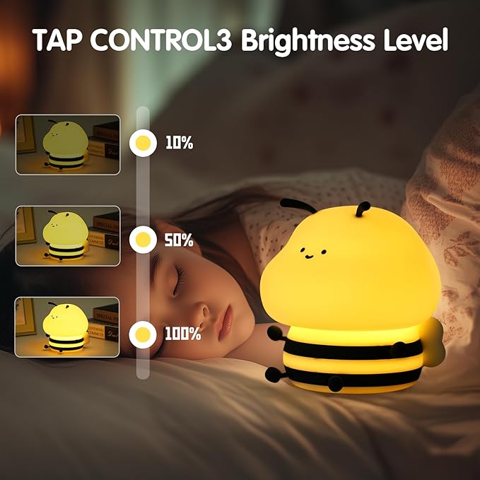 Bee Night Light for Kids,Cute Squishy Silicone Nursery Night Lamp Kawaii Animal Bedside Nightlight with 7 Colors 3 Levels Dimmable Tap Control Rechargeable Nightlights for Kids, Room Decor