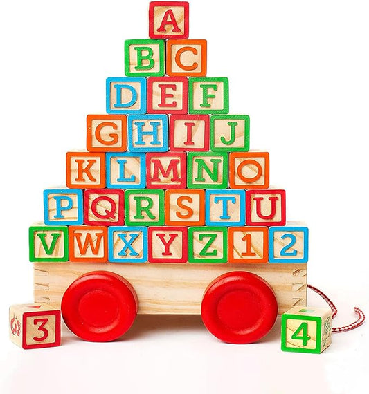 Building Blocks for Toddlers 1-3 Years Old, 30 Large Stackable Wooden Baby Blocks with Alphabet and Number Icons on Every Side, Toy Wagon Included﻿