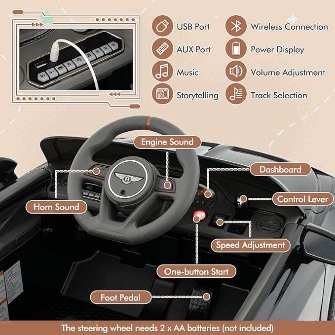 Costzon Ride on Car, 12V Licensed Bentley Bacalar Battery Powered Kids' Electric Vehicles w/Remote Control, Scissor Doors, Wireless Connection, Lights/Sound Effects, Kids Car Toys for Toddlers(Black)