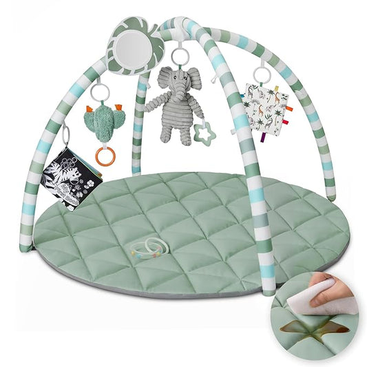 Blissful Diary Waterproof Baby Play Gym Mat, Wipe-Clean Vegan Leather Tummy Time Mat with 6 Detachable Toys, Baby Activity Mat, Sage Green