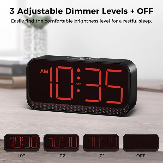 Battery Operated Digital Clock: Cordless Small Alarm Clock for Bedroom Travel - Large Numbers 4 Dimmers for All Ages Red Digits