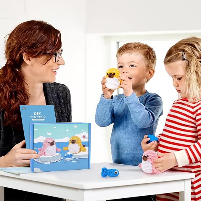 Crochet Kit for Beginners - Seal Crochet Kits with Step-by-Step Video Tutorials, Beginner Crochet Kit for Adults Kids, Crochet Animal Kit, 2 PCS Seals with a Fish Crocheting Set