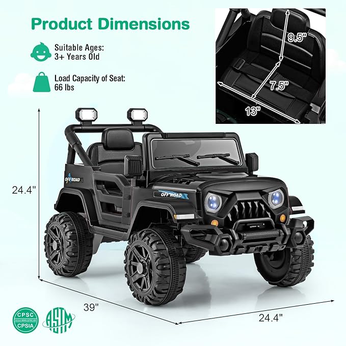 Costzon 12V Kids Ride on Truck Car, Electric Vehicle w/Remote Control, Threaded Wheels, 3 Speeds, LED Lights, Music, Horn & Wireless Connection, Battery Powered Ride on Toy for Boys & Girls 3+ (Black)