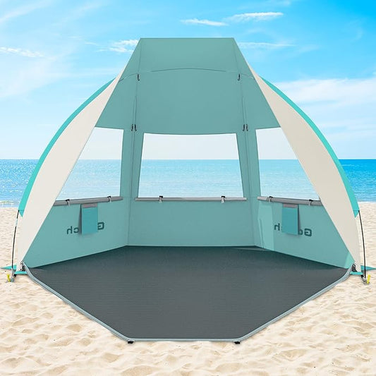 Gorich Portable Beach Tent for 3/4-5/6-7 Person with UPF 50+ UV Protection, Lightweight & Foldable Sun Shelter with 5 Sand Bags, Easy Setup Windproof Beach Umbrella Sun Shade