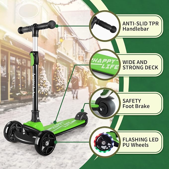Besrey Kick Scooter for Kids Ages 3-10, 3-Wheel Folding Scooter with Adjustable Height, LED Light Wheels, Extra Wide Deck for Outdoor Activities