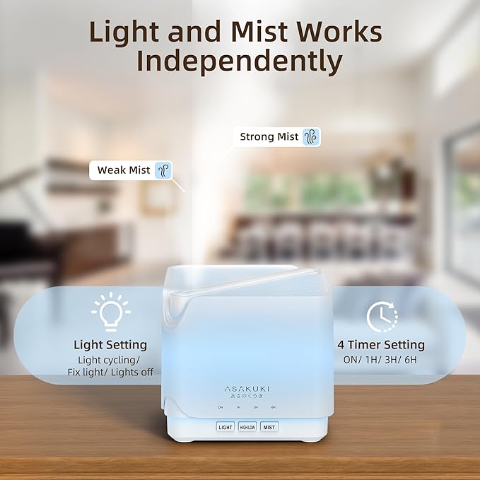 ASAKUKI Essential Oil Diffuser, Multifunctional Ultrasonic Aromatherapy Fragrant Oil Vaporizer Humidifier with Timer, Auto-Off Safety Switch, and 7 LED Light Colors, 700 ml (White)