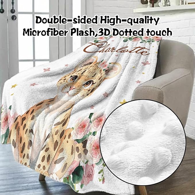 Custom Nursery Crib Bedding Set: Personalized Name 4 Piece Floral Leopard Design Baby Crib Sets for Girls - Toddler Double Layer Blanket Set, Comfortable Crib Bed Sheets for Baby Toddlers