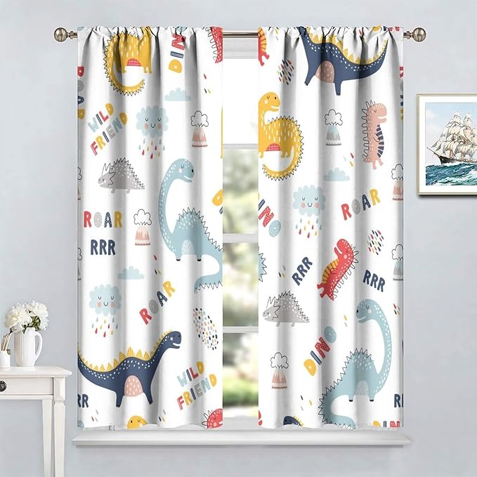 Cartoon Dinosaur Curtains for Kids Boys Girls Home Decor Colorful Cute Dino Animals Print Pattern Rod Pocket Blackout Window Drapes for Nursery Baby Bedroom Playroom W31.5xL72in 2 Panels