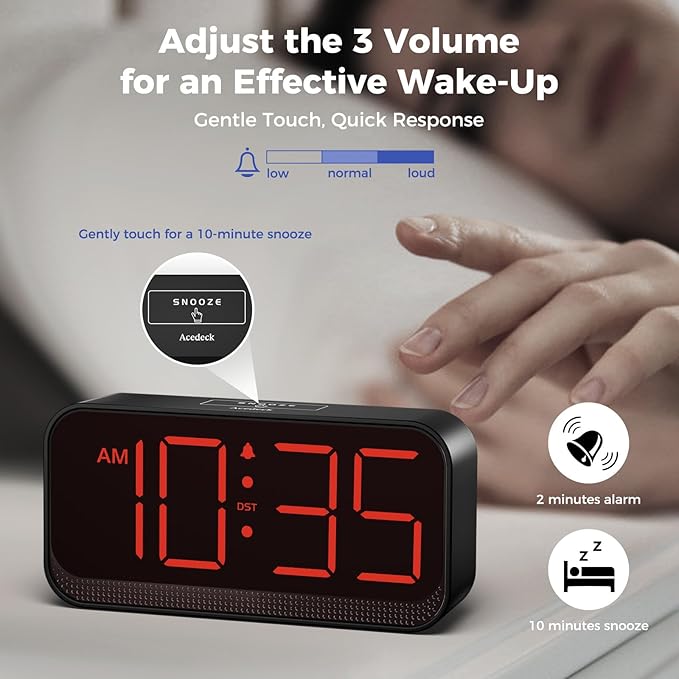 Battery Operated Digital Clock: Cordless Small Alarm Clock for Bedroom Travel - Large Numbers 4 Dimmers for All Ages Red Digits