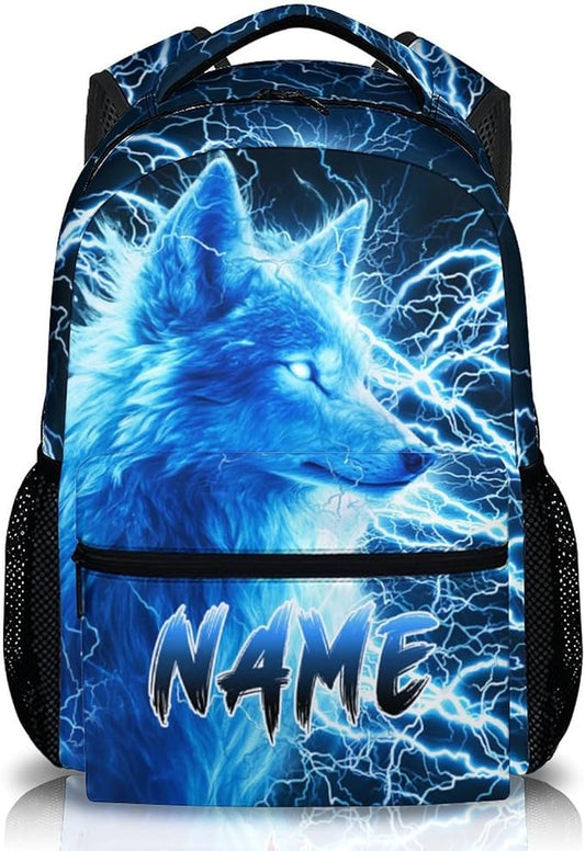 Custom Wolf Backpack for Boys Kids - 17 Inch Personalized Lightning Backpack for School Kindergarten Elementary Primary Senior Middle - Durable Cool Schoolbag with Name